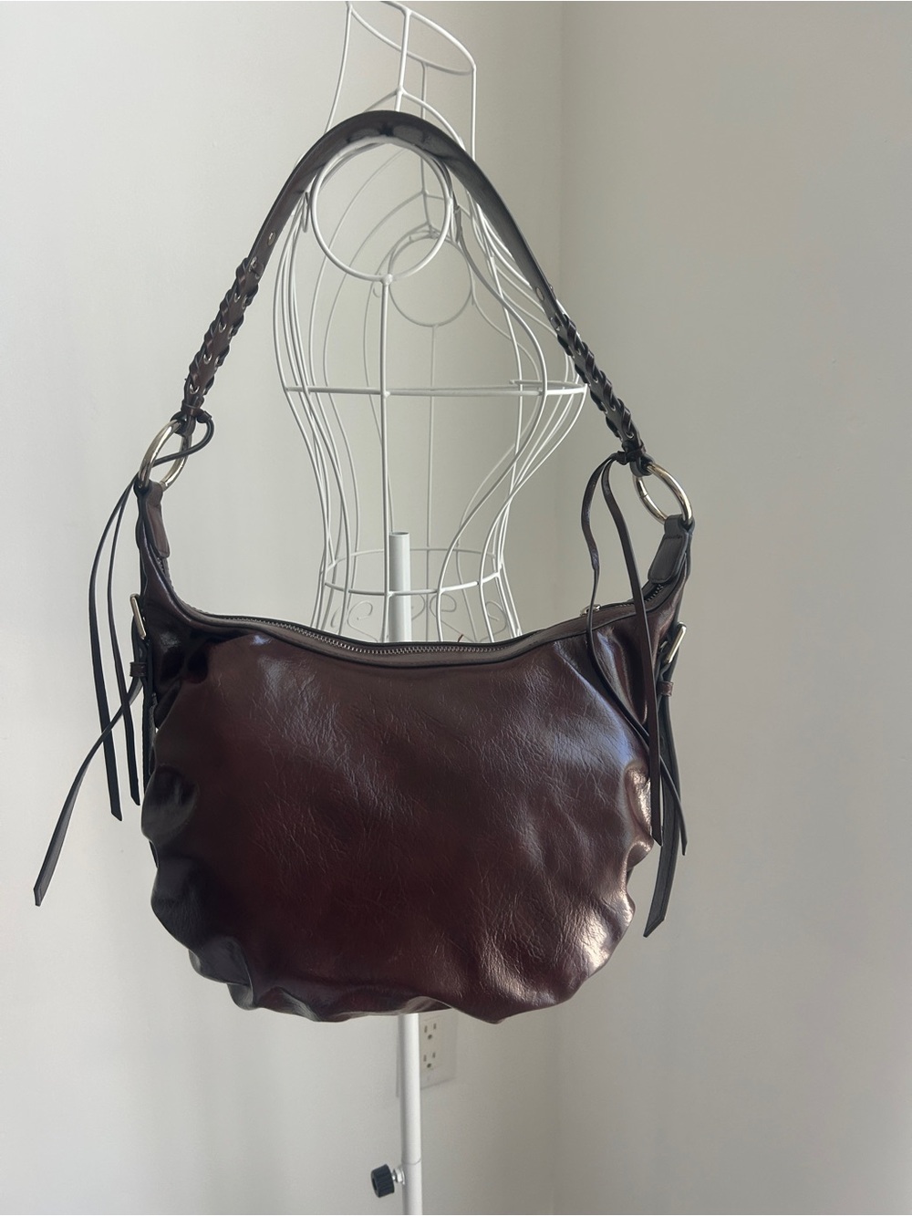 Zara Dark Brown Leather Shoulder Bag with Braided Strap